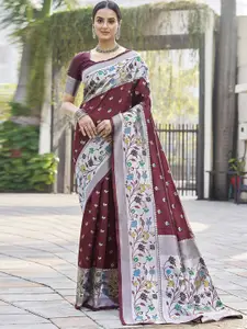 Mitera Maroon & Silver Toned Floral Zari Art Silk Saree
