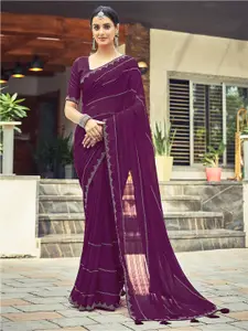 Satrani Purple Striped Georgette Dyed & Stone Work Border Saree