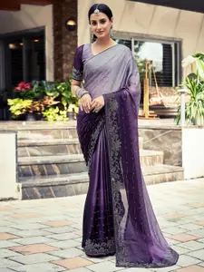Satrani Purple & Grey Floral Embellished Beads and Stones Saree