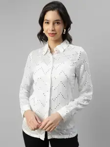 DEEBACO Spread Collar Long Sleeves Georgette Embroidered Sheer Casual Shirt