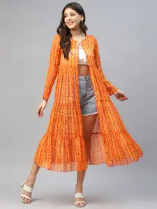 DEEBACO Leaf Printed Chiffon Longline Tie-Up Shrug