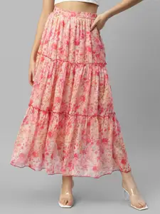 DEEBACO Floral Printed Chiffon Tiered Maxi Skirt