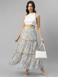 DEEBACO Abstract Printed Chiffon Tiered Maxi Skirt