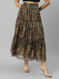 DEEBACO Paisley Printed Chiffon Maxi Tiered Skirt