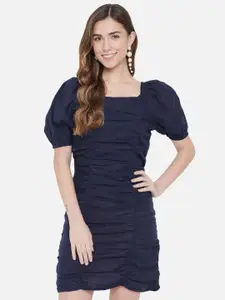 Trend Arrest Puff Sleeves Square Neck Sheath Cotton Mini Dress