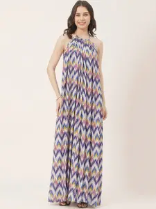 Moomaya Geometric Printed Halter Neck Maxi A-Line Dress