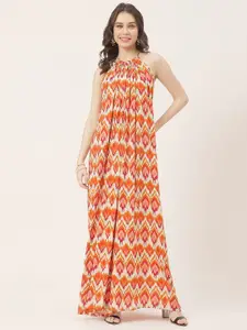 Moomaya Geometric Printed Halter Neck Maxi A-Line Dress