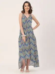 Moomaya Geometric Printed V Neck Sleeveless Maxi High Low Dress