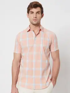 Mufti spread collar Short Sleeves Slim Fit  Checked Casual Cotton Shirt