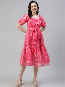 DEEBACO Floral Print Square Neck Puff Sleeve Smocked Tiered Midi Fit & Flare Dress