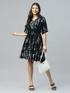 DEEBACO V-Neck Abstract Printed Tie and Dye Fit & Flare Dress