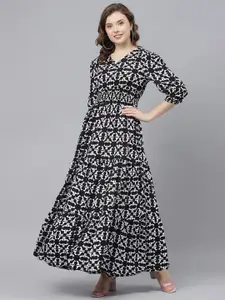 DEEBACO Abstract Print V-Neck Puff Sleeve Smocked Tiered Maxi Dress