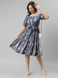 DEEBACO Floral Printed Square Neck Puff Sleeve Fit & Flare Casual Dress