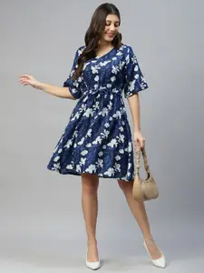 DEEBACO V-Neck Floral Printed Flared Sleeve Fit & Flare Casual Dress