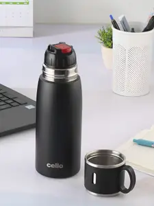Cello Black & Silver-Toned Duro Cupstyle Stainless Steel Water Bottle 500Ml