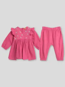 Somersault Girls Pink Floral Embroidered V- Neck Top & Trouser