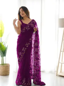 Anouk Burgundy Floral Embroidered Net Saree