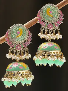 OOMPH Beads Beaded Peacock Shaped Enamelled Meenakari Jhumkas