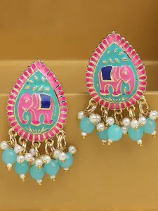 OOMPH Kundan Studded Elephant Design Meenakari Drop Earrings