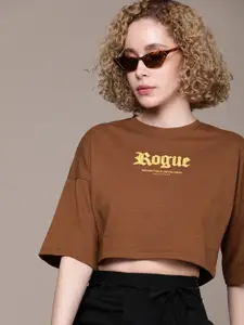 The Roadster Life Co. Typography Printed Drop-Shoulder Sleeves Boxy Crop T-shirt