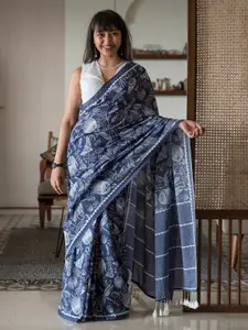Suta Blue & White Floral Printed Pure Cotton Saree