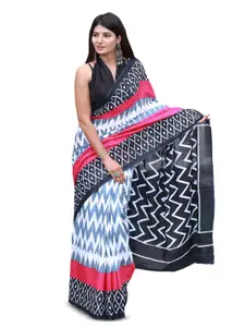 KIAARON Geometric Pure Cotton Handloom Block Print Saree