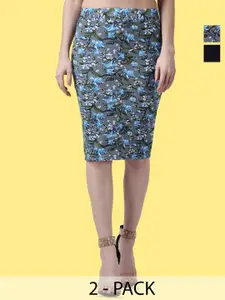 Popwings Pack Of 2 Floral Printed Pencil Skirts