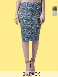 Popwings Pack Of 2 Floral Printed Pencil Skirts