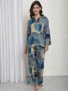 Claura Blue & Beige Abstract Printed Night Suit