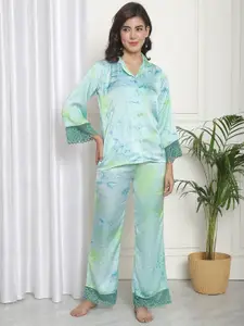 Claura Green Abstract Tie & Dye Lace Insert Silk Night Suit