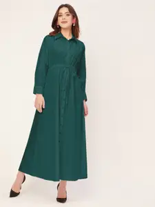 Moomaya Long Sleeves Shirt Collar A-Line Maxi Dress