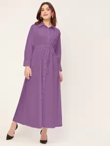 Moomaya Long Sleeves Shirt Collar A-Line Maxi Dress