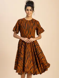 Moomaya Animal Print Flared Sleeve Fit & Flare Dress