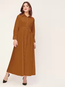 Moomaya Long Sleeves Shirt Collar A-Line Cotton Maxi Dress