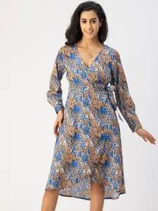 Moomaya V Neck Long Sleeves Floral Print Satin Wrap Dress