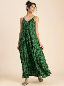 Moomaya Animal Printed V Neck Sleeveless A-Line Maxi Dress