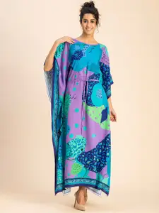 Moomaya Abstract Printed Round Neck Kimono Sleeves Kaftan Maxi Dress