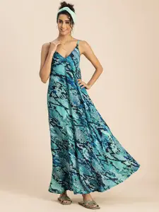 Moomaya Animal Printed V Neck Sleeveless A-Line Maxi Dress