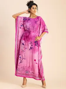 Moomaya Abstract Printed Round Neck Kimono Sleeves Kaftan Maxi Dress