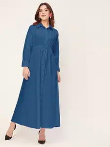 Moomaya Shirt Collar Long Cuffed Sleeves Flared Maxi Dress
