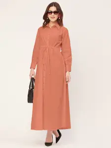 Moomaya Shirt Collar Long Cuffed Sleeves Flared Maxi Dress