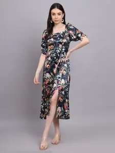 Hinaya Floral Printed Puff Sleeve Satin Fit & Flare Smoke Western Maxi Dress