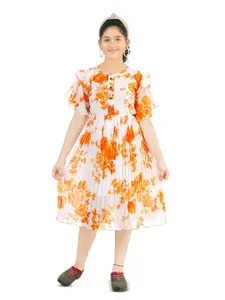 BAESD Girls Floral Print Round Neck Flutter Sleeve Accordion Pleats Fit & Flare Dress