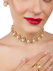 Zaveri Pearls Gold Plated Kundan-Studded Necklace And Earrings With Finger Ring