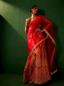 Sangria Red Embroidered Silk Semi-Stitched Lehenga Choli