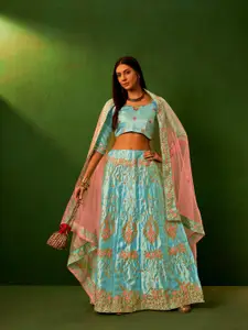 Sangria Blue Embroidered Silk Semi-Stitched Lehenga Choli