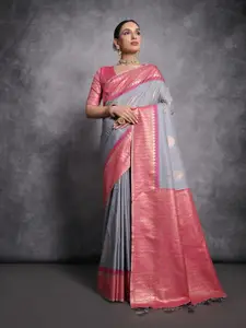 VISHNU WEAVES Woven Design Zari Pure Silk Tussar Saree