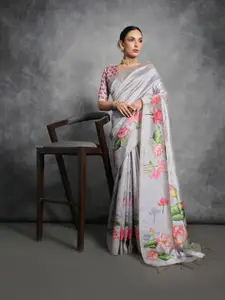 VISHNU WEAVES Floral Zari Silk Cotton Tussar Saree