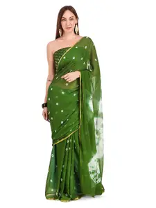 Reboot Fashions Green & White Tie and Dye Zari Pure Chiffon Bandhani Saree