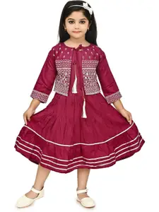 BAESD Linen Embroidered Tie Up Neck Three-Quarter Sleeves  A-Line Midi Dress